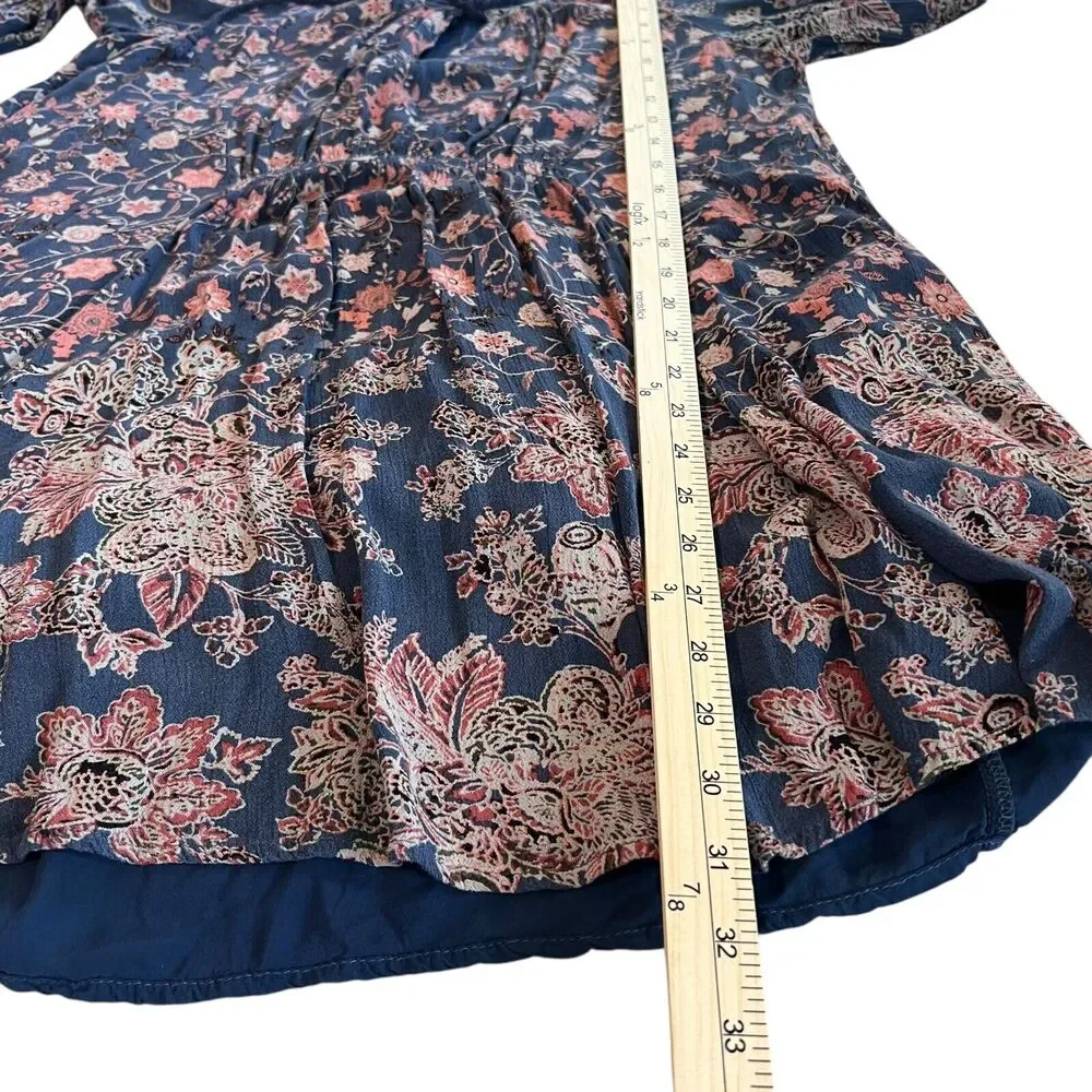 Free People Floral Long Sleeve Mini Dress‎ Womens Sz. Medium Blue Bohemian FLAW